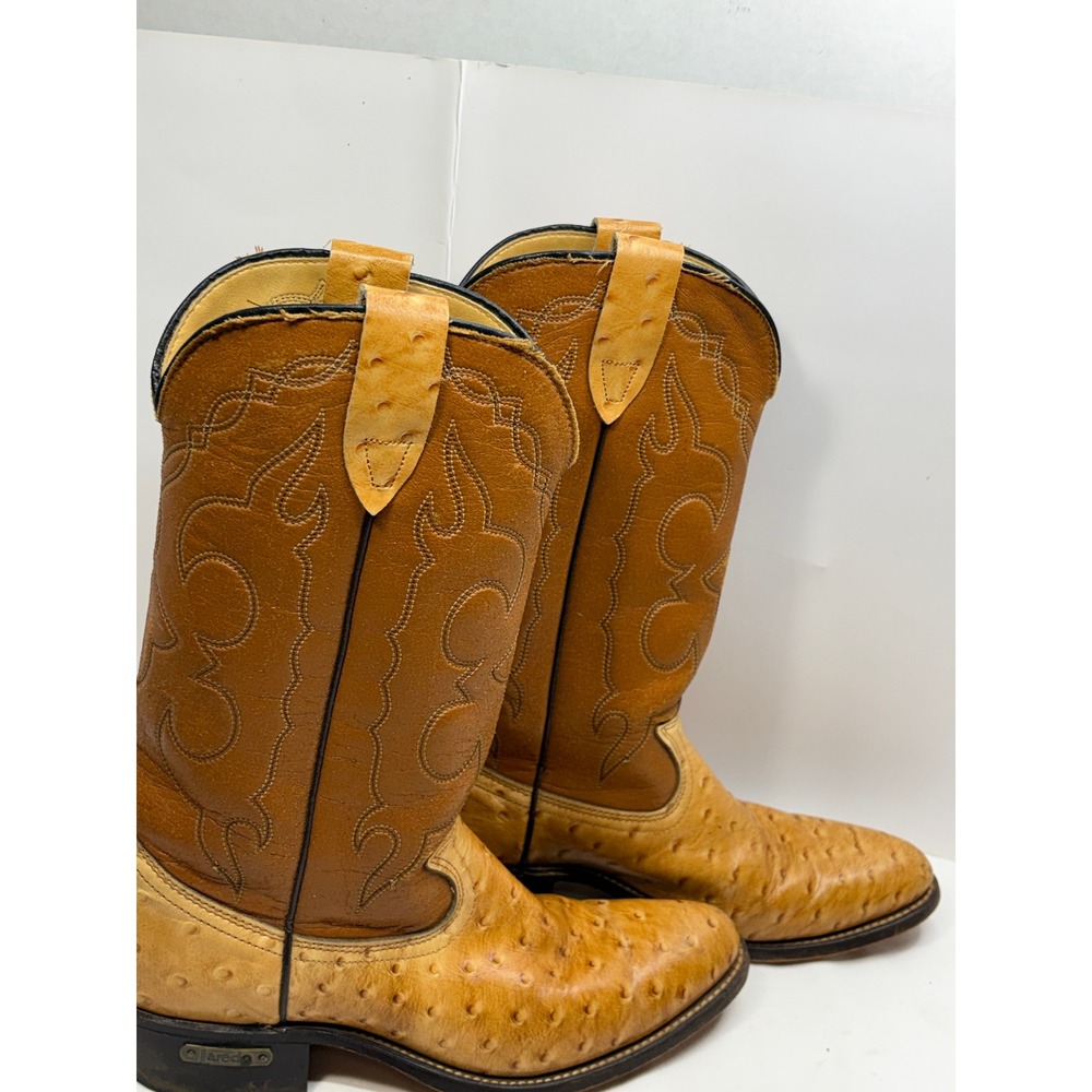 Laredo Mens Ostrich Print Western Cowboy Boots VTG Tan Brown Leather 8 D